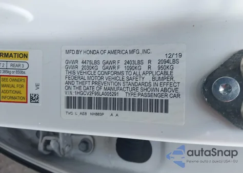 2020 Honda Accord Touring from USA, damaged, VIN 1HGCV2F95LA005291